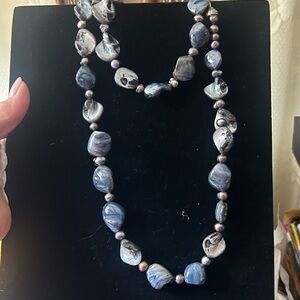 Artisan Handcrafted Blue and GraySilver mother of pearl Necklace -